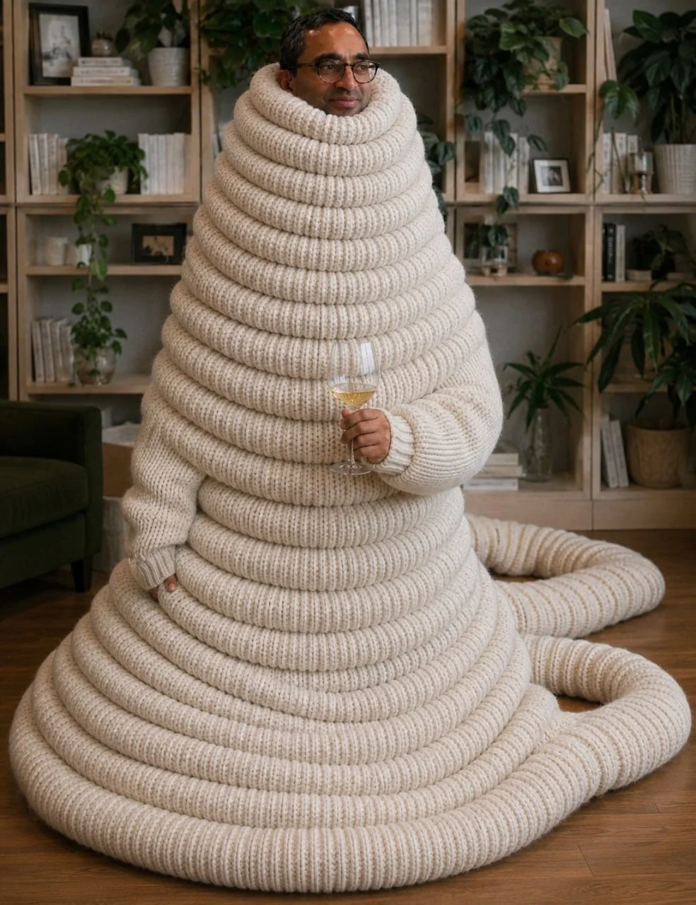 A vast coil of cream knit filling an entire living room.