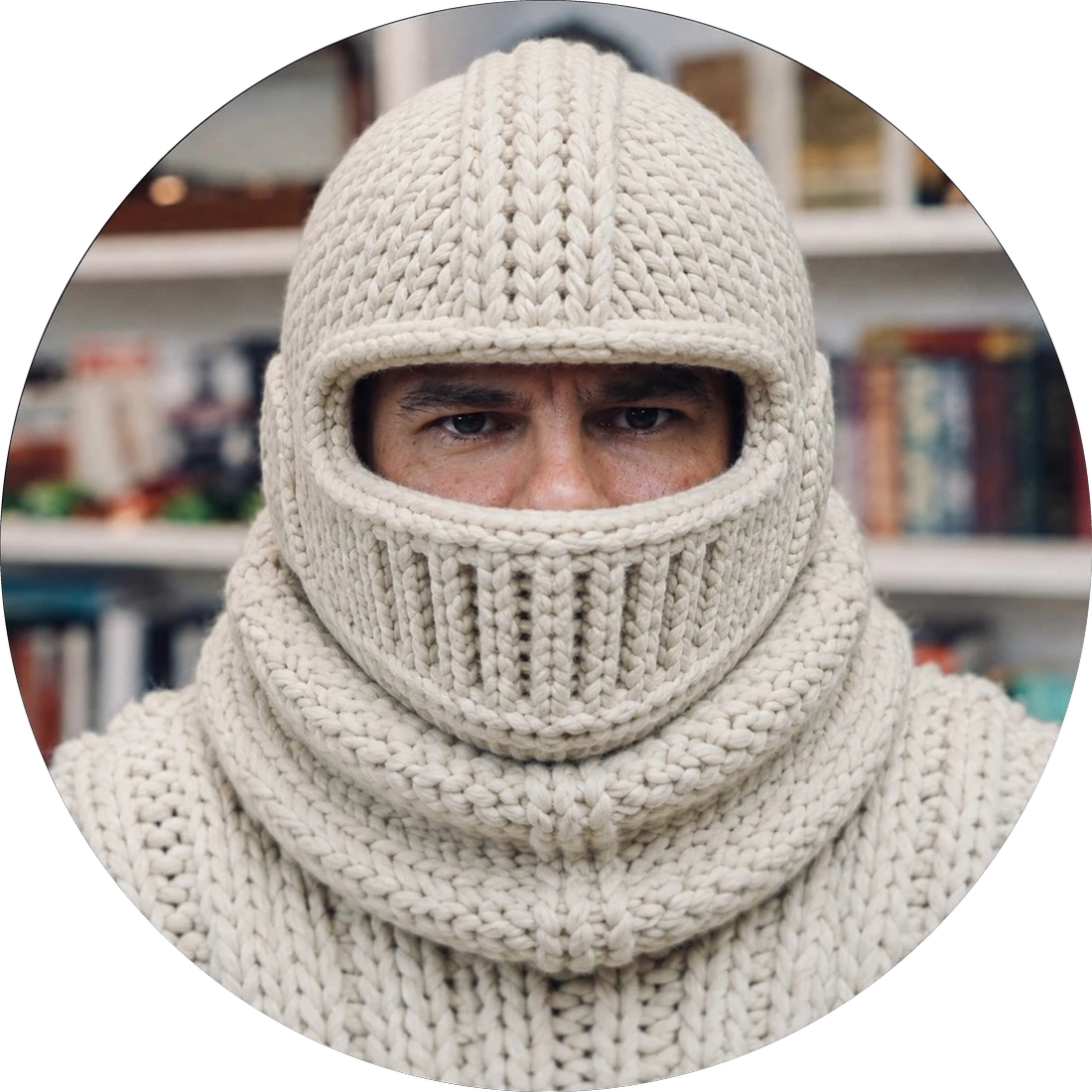 A knitted balaclava and cowl covering everything but the eyes.