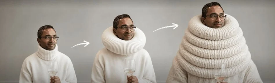 A man in a white turtleneck holding a wine glass; in three steps the collar swells until it towers over his head.